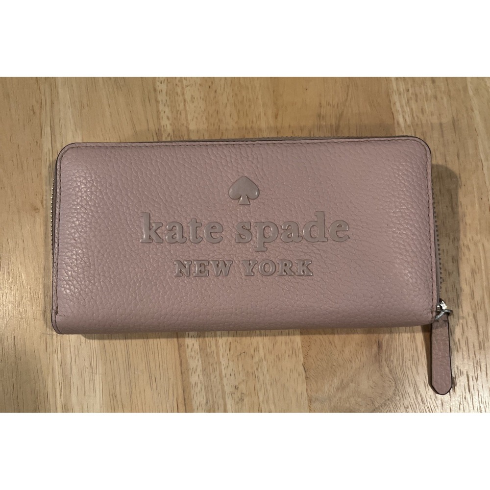 Kate Spade New York Pink Pebbled Leather Zip Around Wallet Clutch Logo